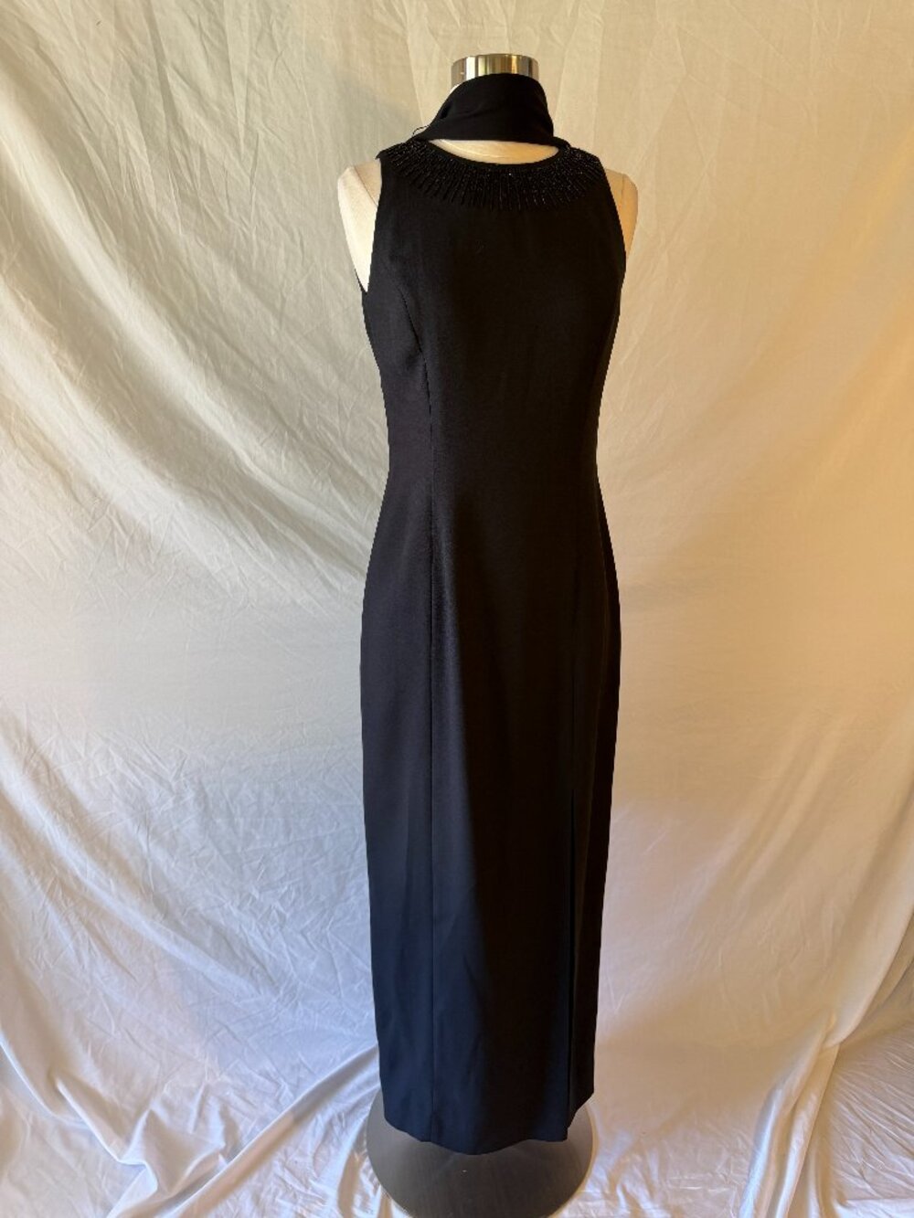 Long Black Dress With Beaded Back Design and Scarf